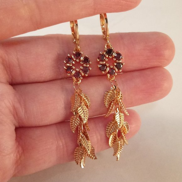 18K Yellow Gold Filled Flower Ruby Red Diamond Zircon Tassel Dangle Earrings - Picture 2 of 6